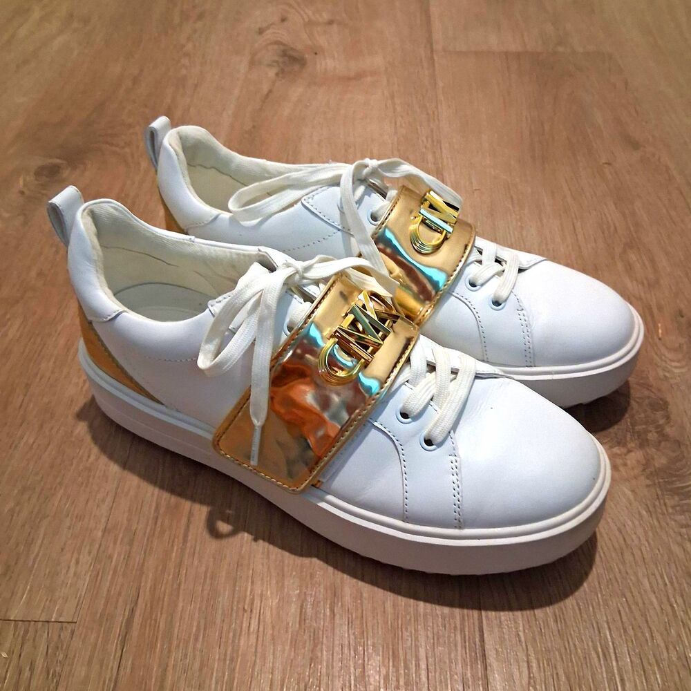 Michael Kors White Leather Low Top Lace-Up Sneakers Gold MK Logo Rubber Sole